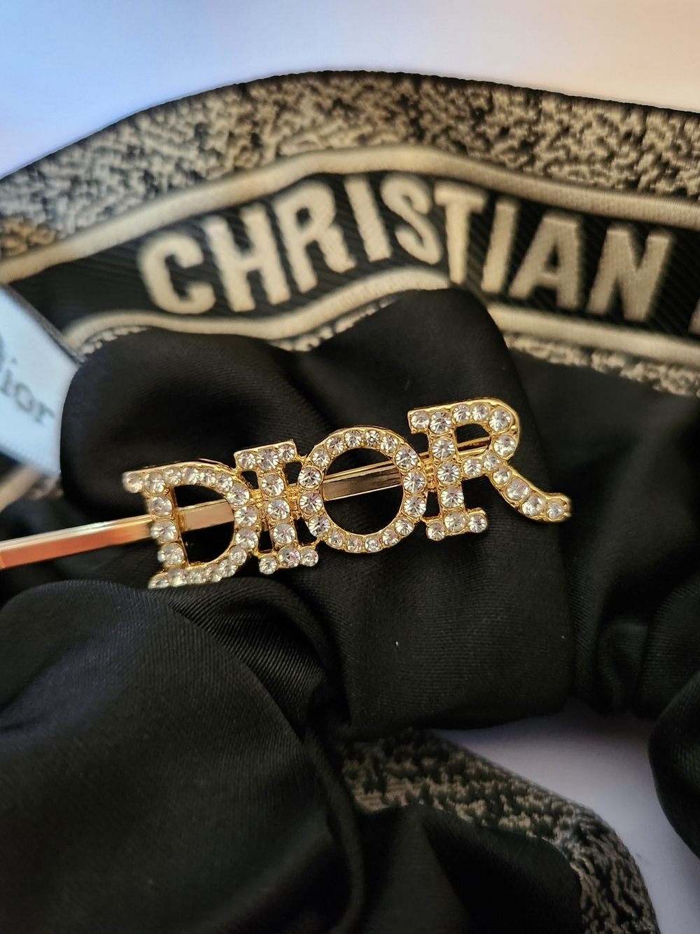 Dior Gold Crystal 'DIOR' Logo Hair  Pin And Logo scrunchie
